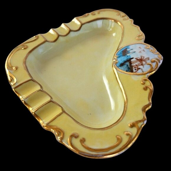 Antique Heart Porcelain Ashtray w/ Hand Painted Windmill & Gilt Scrolls 1910s–30 - Picture 6 of 9